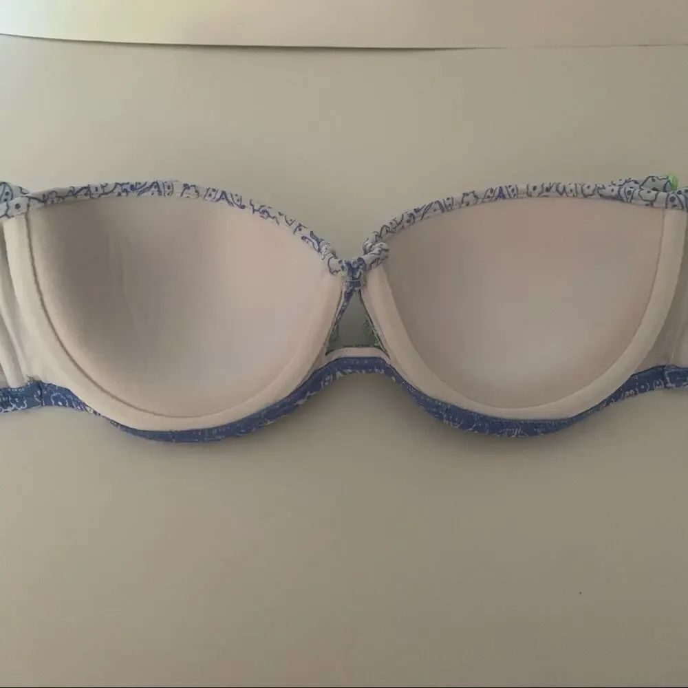 Victoria's Secret Women's Strapless Ruffle Bandeau Bikini Top Blue White SZ 34C